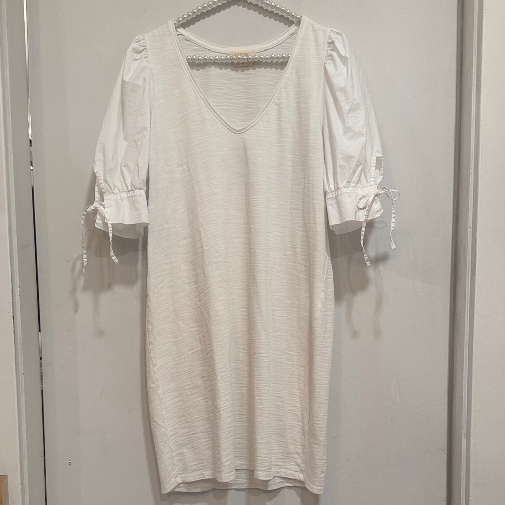 Nation LTD LARGE Relaxed White V-Neck Midi Dress with Puff Sleeve Ties